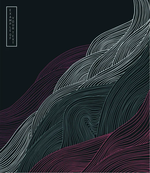 抽象的な日本風の風景が黒い背景と色付きの線で波を並べて — ストックベクタ