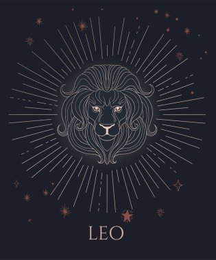  illustration of lion head, zodiac sign - leo, black and gold with stars clipart