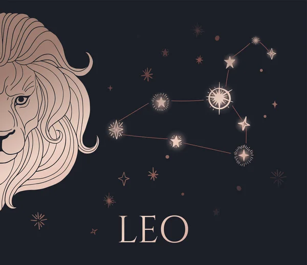 Ilustracja Głowy Lwa Znak Zodiaku Leo Czerń Złoto Gwiazdami Formie — Wektor stockowy