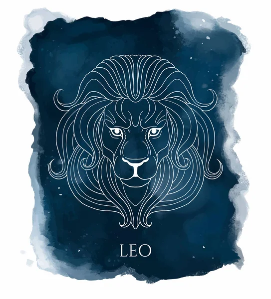 Ilustracja Głowy Lwa Znak Zodiaku Leo Niebieskim Akwareli — Wektor stockowy