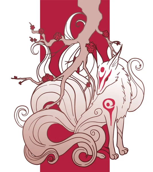 Vettore Astratto Illustrazione Fantasia Giapponese Creatura Nove Coda Volpe Kitsune — Vettoriale Stock