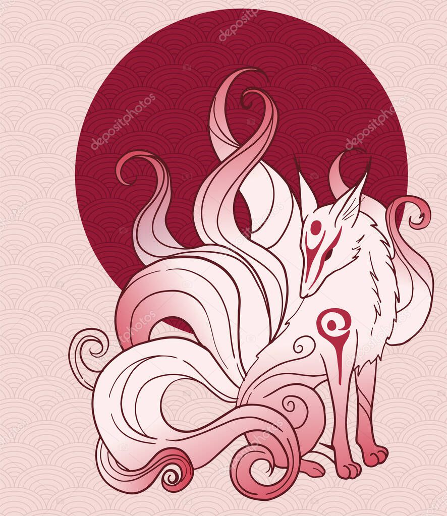  vector abstract illustration of japanese fantasy creature nine tailed fox kitsune in red colours