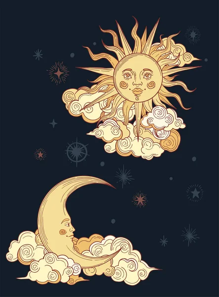 Sol Místico Luna Con Caras Nubes Amarillas — Vector de stock