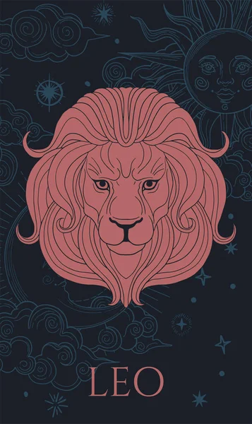 Tête Lion Rouge Avec Fond Bleu Abstrait Soleil Lune — Image vectorielle
