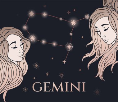  Burç burcu gemini, kadın portresi, siyah ve altın, yıldızlı.