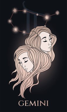  Burç burcu gemini, kadın portresi, siyah ve altın, yıldızlı.