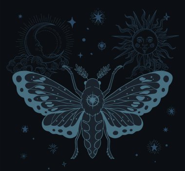 Yarı ortaçağ tarzında renkli illüstrasyon stilize güneş, ay, başlangıç ve güve