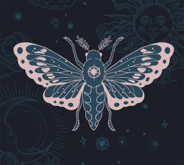  Siyah ve altın renginde ay ve güneş ile siyah ve altın renginde güve çizimi