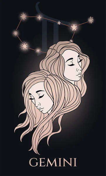 Signo Zodíaco Gêmeos Retrato Feminino Preto Ouro Com Estrelas —  Vetores de Stock