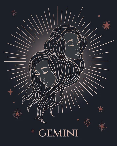 Signo Zodíaco Gêmeos Retrato Feminino Preto Ouro Com Estrelas — Vetor de Stock