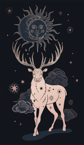 Ilustración Abstracta Con Ciervos Sol Luna Símbolos Esotéricos Sagrados Negro — Vector de stock