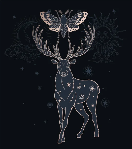 Ilustración Abstracta Con Ciervos Polilla Símbolos Esotéricos Sagrados Negro Oro — Vector de stock