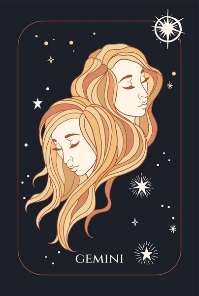 Signo Del Zodíaco Géminis Retrato Femenino Negro Amarillo Con Estrellas — Vector de stock