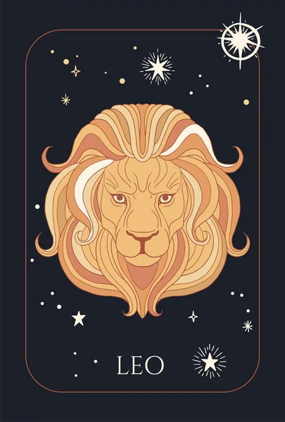 Illustration Lion Head Zodiac Sign Leo Black Yellow Colours Stars — Stock Vector