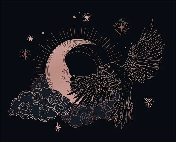 Illustration Avec Corbeau Sur Fond Cosmique Ciel Nocturne Étoiles Nuages — Image vectorielle