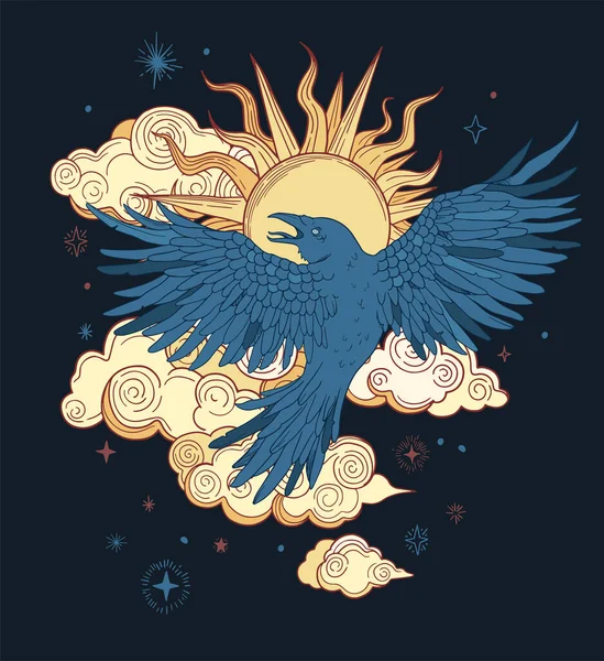 Illustration Avec Corbeau Sur Fond Cosmique Ciel Nocturne Étoiles Nuages — Image vectorielle