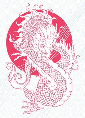 El çizimi Japon vektör ejderhası, renkli çizimler.