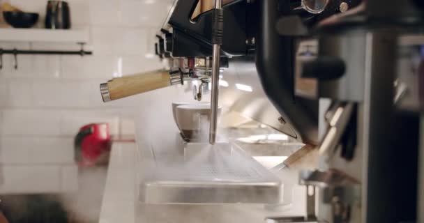 Barista no trabalho, Fazendo uma xícara de café forte, máquina de café e seu vapor — Vídeo de Stock