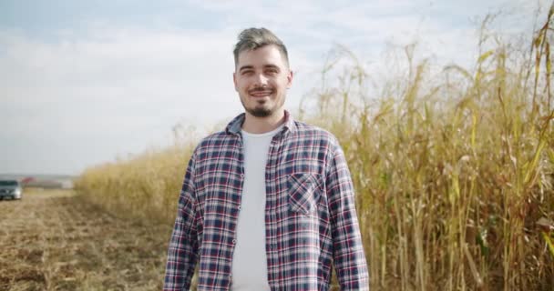 Starszy rolnik, Portret białego mężczyzny w koszuli w kratę na polu pszenicy, sorgo — Wideo stockowe