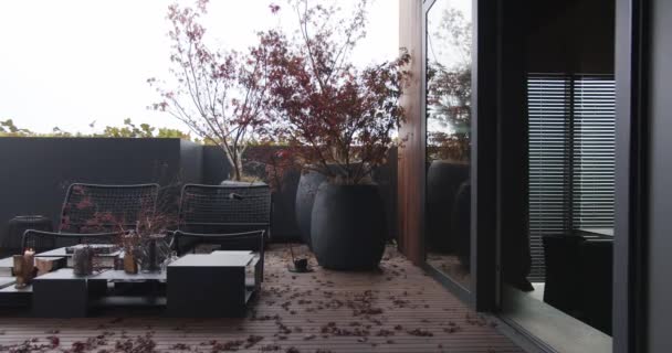 Minimalista Fekete apartman, stílusos terasszal, japán fákkal és fapadlóval — Stock videók