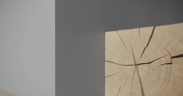 Fyrkantig träbit i en interiör, i minimalistiskt vardagsrum med grå ton — Stockvideo