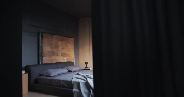 La chambre minimaliste moderne avec ton noir et gris, grandes peintures et bois — Video