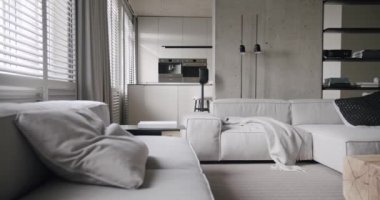 Oturma odası ve mutfak odası olan gerçek bir daire. Betonlu minimalist tasarım