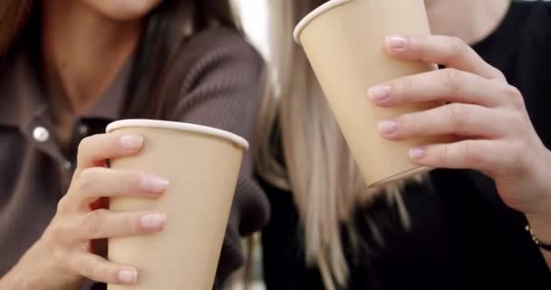 Close Up, two beautiful girls cheers coffee drinks with paper cup on summer day — Video Stock