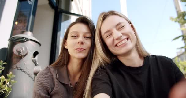 Twee mooie meisjes maken een video gesprek en stuur virtuele kussen naar haar vrienden — Stockvideo