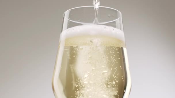 Champagner wird in ein elegantes Glas auf weißem Hintergrund gegossen — Stockvideo