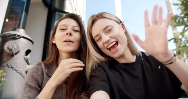 Two beautiful girls make a video call, greet her friends over the internet, — Wideo stockowe