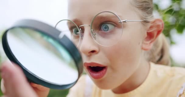 Uma adolescente olha através da lupa para o mundo micro de insetos. — Vídeo de Stock