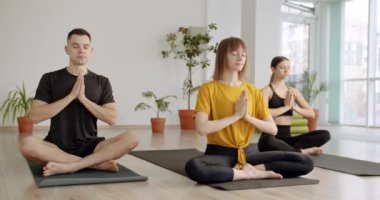 Namaste. Sınıfta grup egzersizlerinden sonra dinleniyorum. Yoga Kulübü. Konsantrasyon.