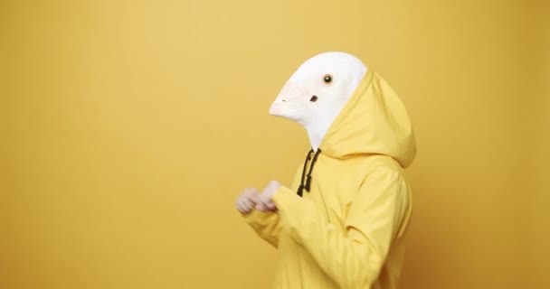 Happy Guy Απολαμβάνοντας Χορός με Pigeon Mask σε κίτρινο φόντο. Ημέρα ηλιθίων. — Αρχείο Βίντεο