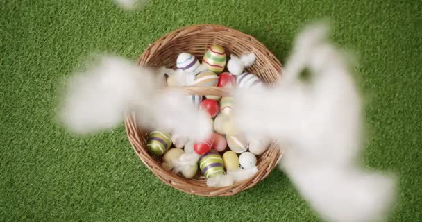 有许多彩蛋的篮子，绿色草底，白色羽毛. — 图库视频影像
