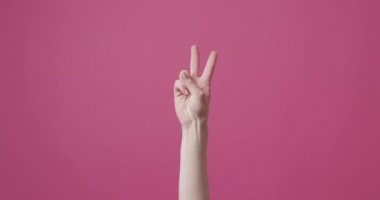 Genç ve güzel bir kız, zafer sembolü olarak izole edilmiş pembe arka planı kullanır.