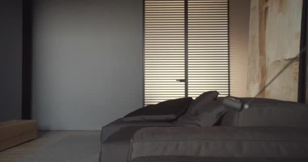 Современная минималистская гостиная с черно-белыми тонами, большими картинами — стоковое видео