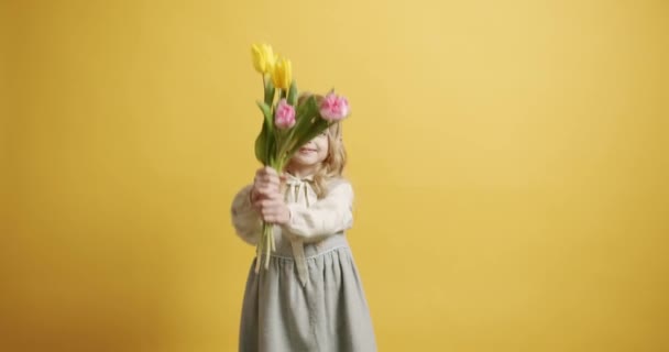 Güzel kız elinde lale çiçekleri tutuyor, sarı arka planda gülümsüyor. — Stok video