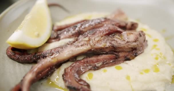 Tentáculos de calamar en sous vide con puré de coliflor servido con limón en un plato — Vídeo de stock