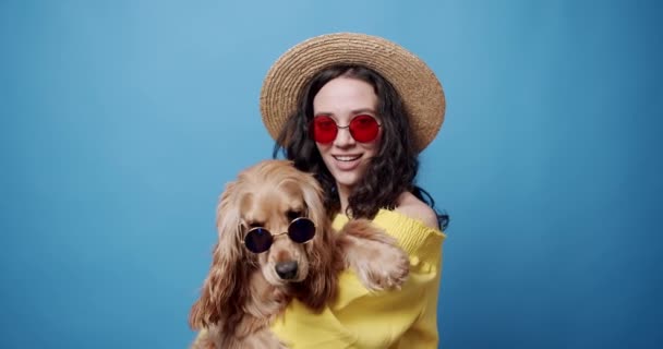 Funny English Cocker Spaniel con gafas de sol posando con una mujer en el estudio. — Vídeos de Stock