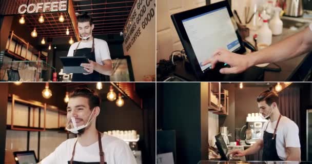 Wieloczęściowy kolaż w pracy. , sposób płatności. praca w kawiarni i przyjmowanie zamówienia. — Wideo stockowe