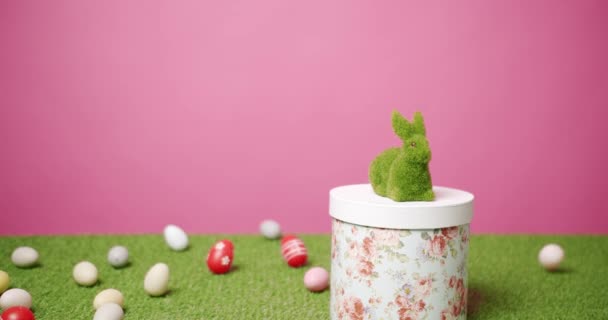 Rabbit Toy on a Pink Background of Green Grass with many colored eggs, Text. — Stock Video