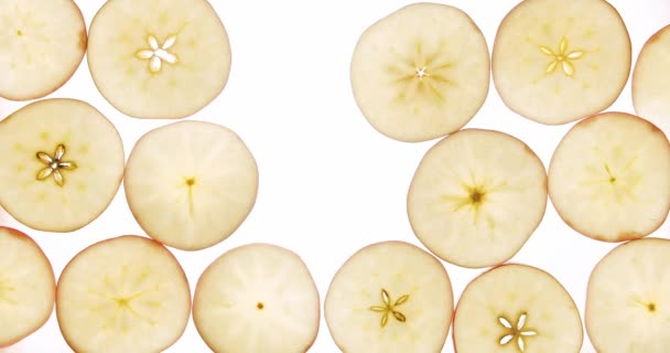 Natural sliced round apples fall on white background, food snack design concept — Stockvideo