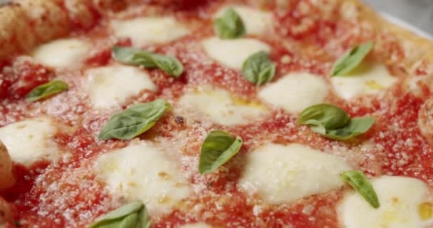 Włoska pizza z serem mozzarella, bazylią i pomidorami wiśniowymi.Pizza Margherita — Wideo stockowe