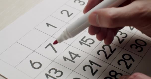 Kalender 7e Datum van de Maand doorgestreept. Een dag tekenen op een kalender. — Stockvideo