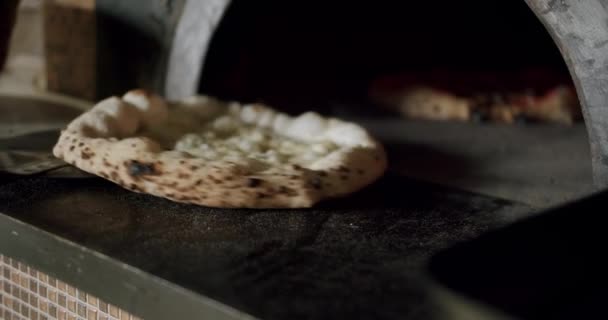 Zubereitung von Pizza in der Küche des Restaurants. Pizza kommt in den Ofen — Stockvideo