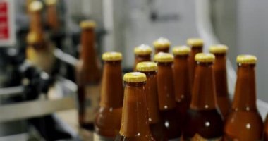 Fabrika, bira fabrikası kavramı. Dolu bira şişelerinin kaplama işlemi.