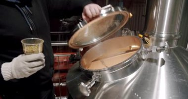 Bira üretimi bira fabrikasındaki büyük değirmen tankına malt taneleri döküyor.