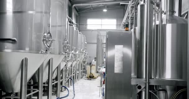 Bira demlemek için paslanmaz çelik tanklar. Bira fabrikasında büyük paslanmaz fıçılar.. — Stok video