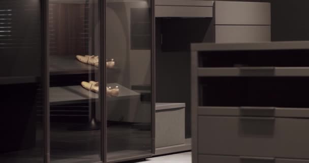 Vestidor con cosas. Elegante paseo construido de madera en la decoración del armario. — Vídeo de stock